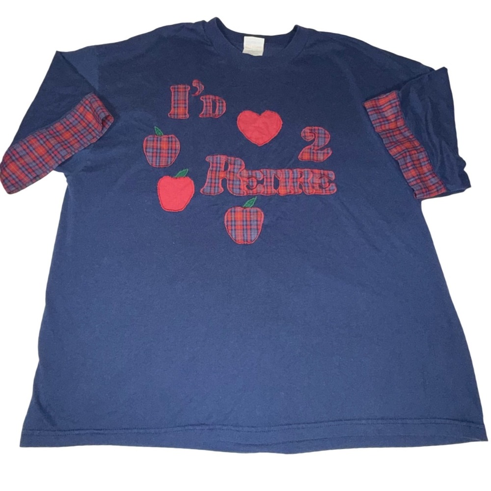Hanes Heavyweight I'd Love 2 Retire T-Shirt Adult XXL Navy Plaid Applique Tee
